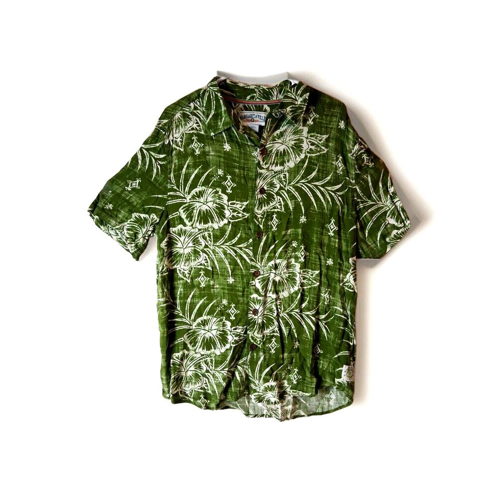 Margaritaville Button Down Shirt Mens Medium Green Hibiscus Jimmy Buffet Beach